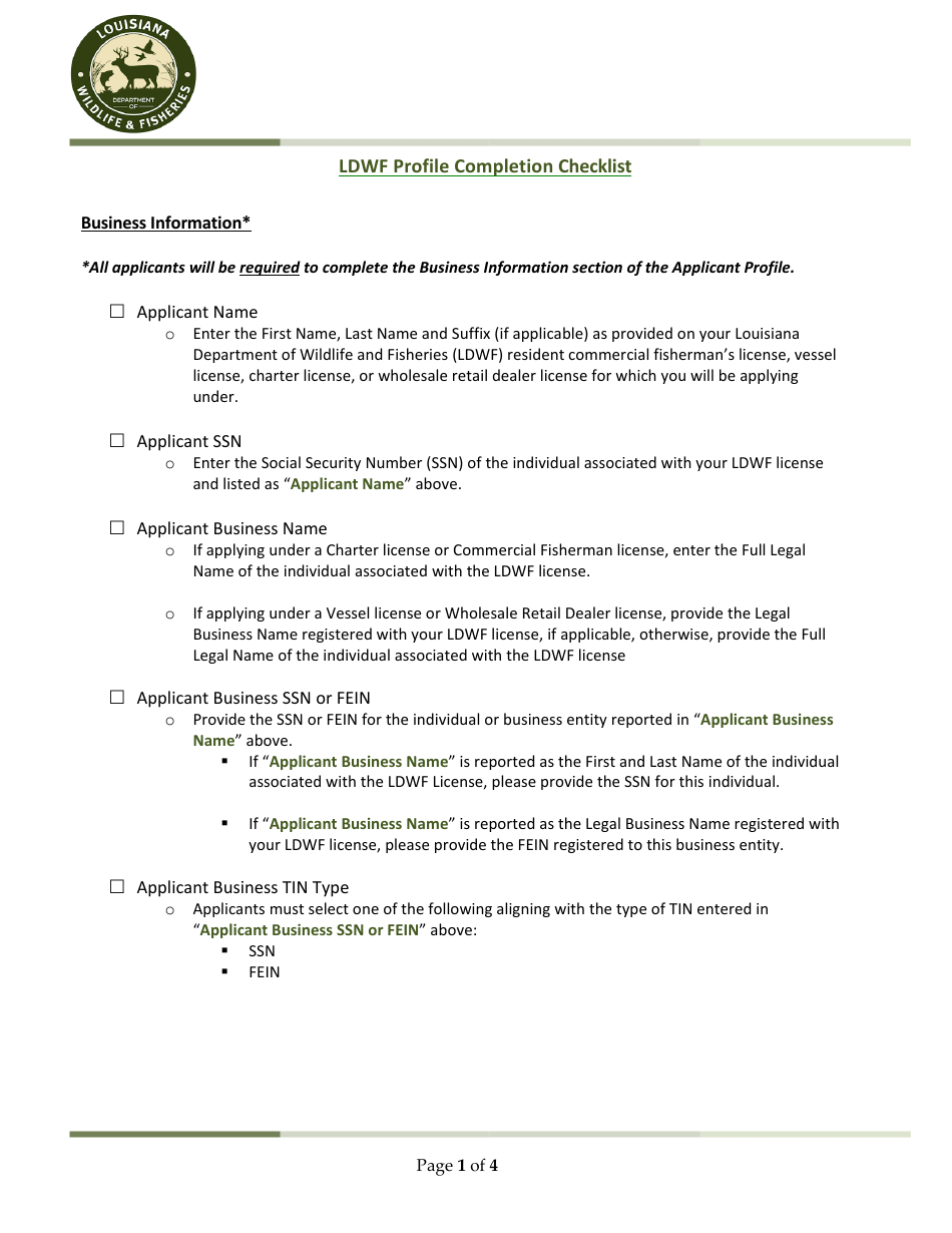 Ldwf Profile Completion Checklist - Louisiana, Page 1