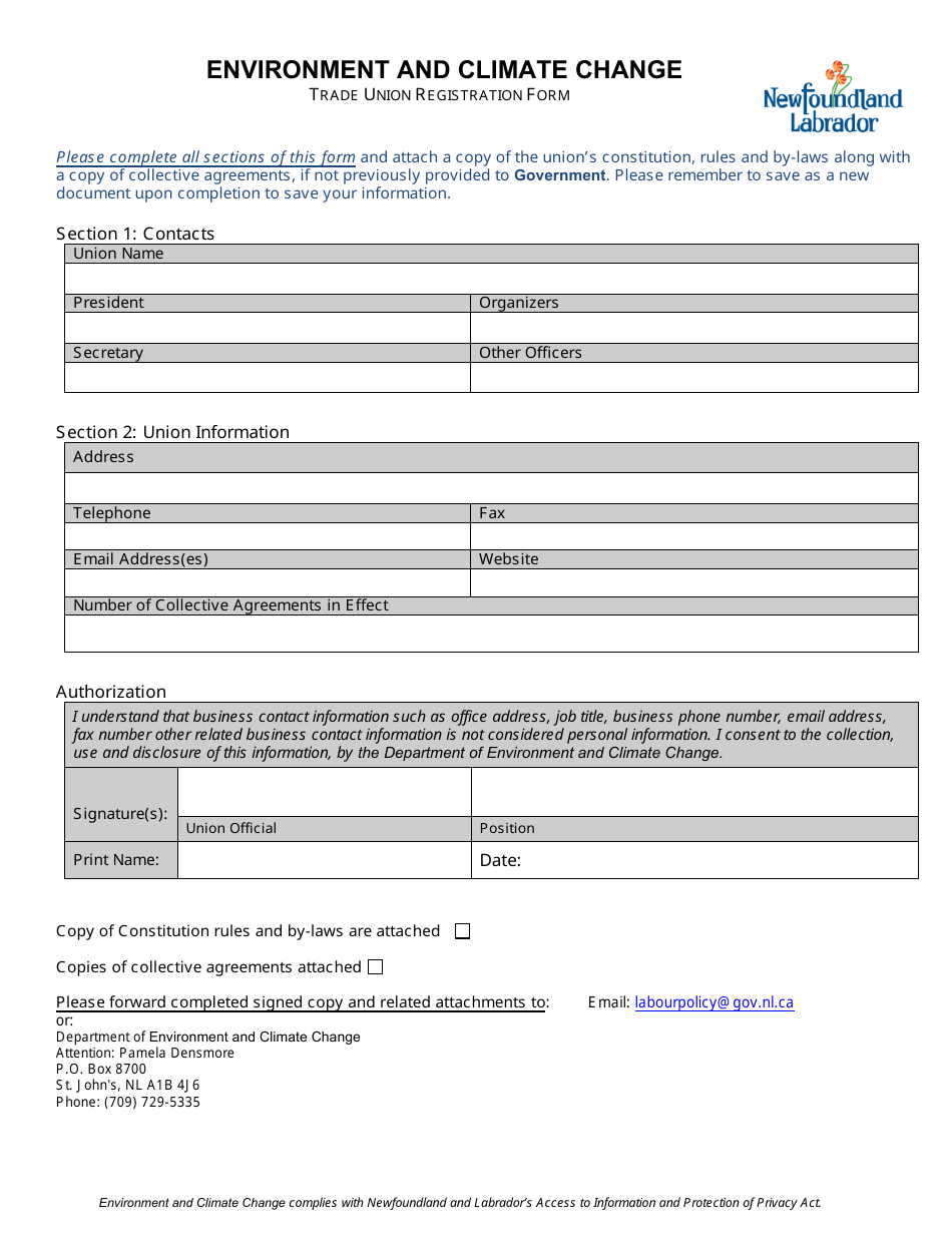 Trade Union Registration Form - Newfoundland and Labrador, Canada, Page 1