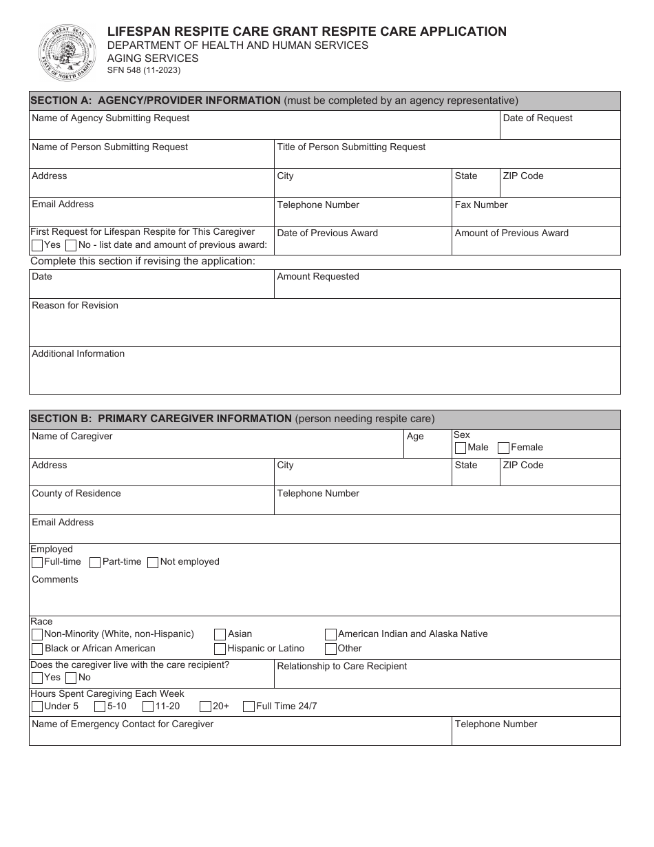 Form SFN548 Lifespan Respite Care Grant Respite Care Application - North Dakota, Page 1