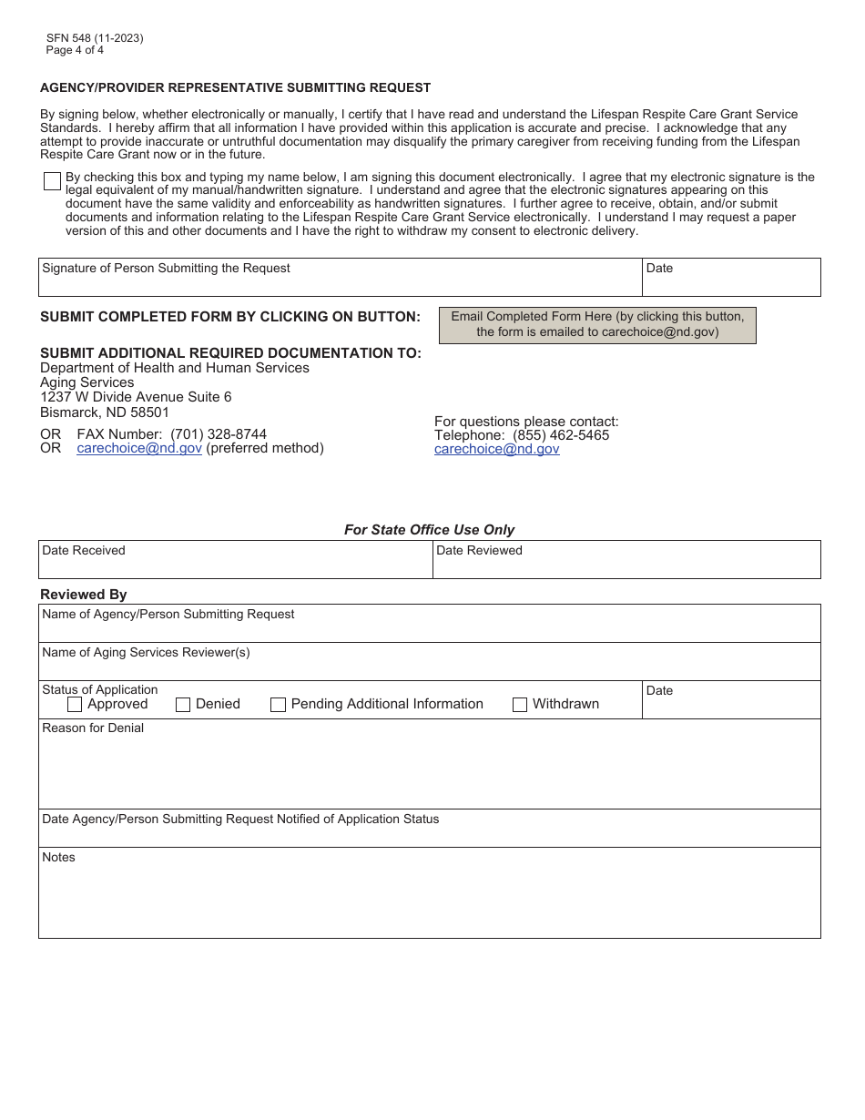 Form SFN548 Lifespan Respite Care Grant Respite Care Application - North Dakota, Page 4