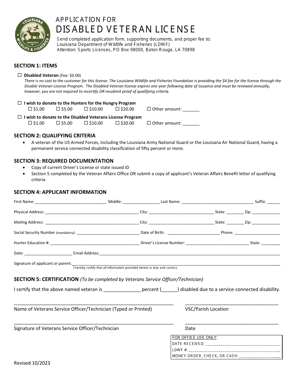 Application for Disabled Veteran License - Louisiana, Page 1