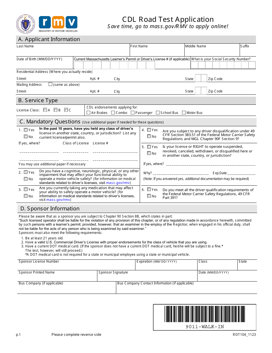 Form RDT104 Cdl Road Test Application - Massachusetts, Page 1