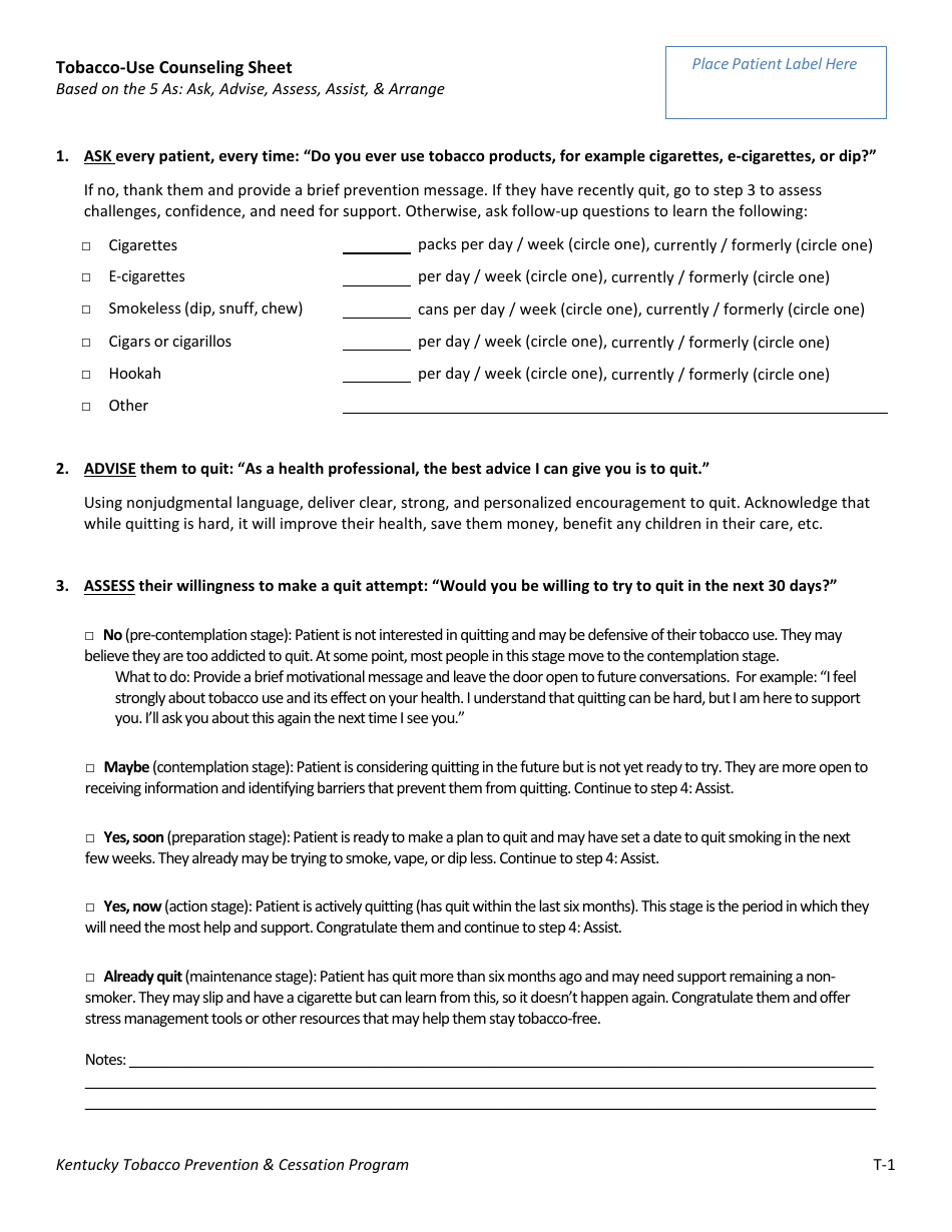 Tobacco-Use Counseling Sheet - Kentucky Tobacco Prevention  Cessation Program - Kentucky, Page 1