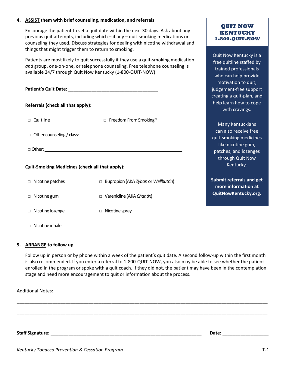 Kentucky TobaccoUse Counseling Sheet Kentucky Tobacco Prevention & Cessation Program Fill