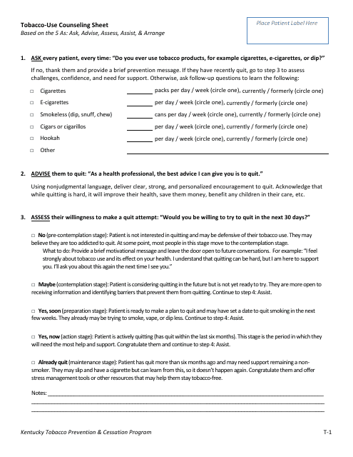 Tobacco-Use Counseling Sheet - Kentucky Tobacco Prevention & Cessation Program - Kentucky Download Pdf