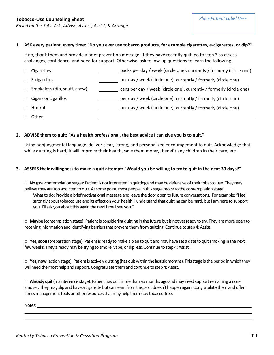 Kentucky TobaccoUse Counseling Sheet Kentucky Tobacco Prevention & Cessation Program Fill