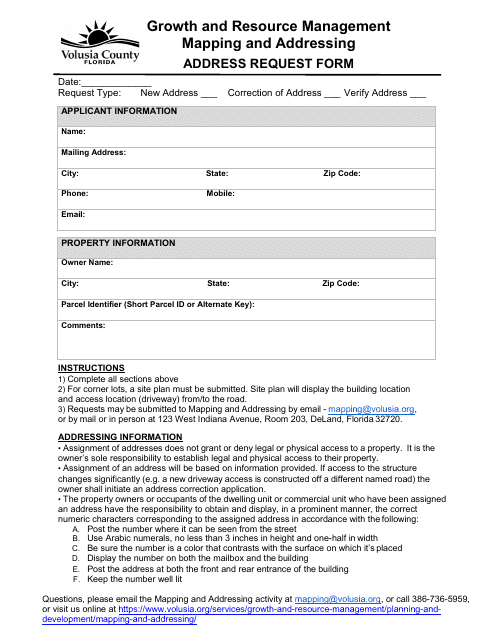 Address Request Form - Volusia County, Florida Download Pdf