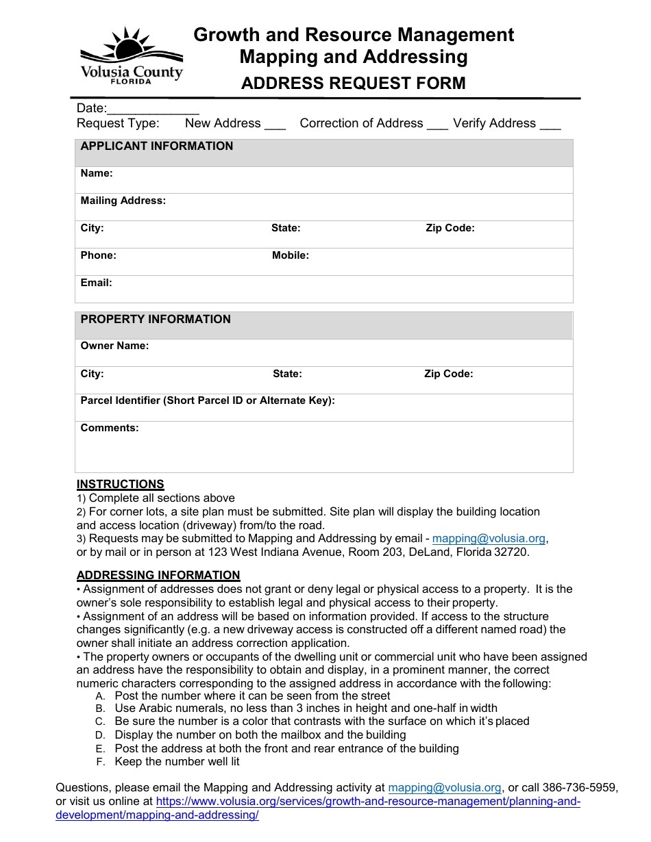 Address Request Form - Volusia County, Florida, Page 1