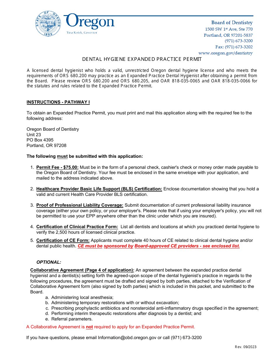 Application for Dental Hygiene Expanded Practice Permit - Pathway 1 - Oregon, Page 1