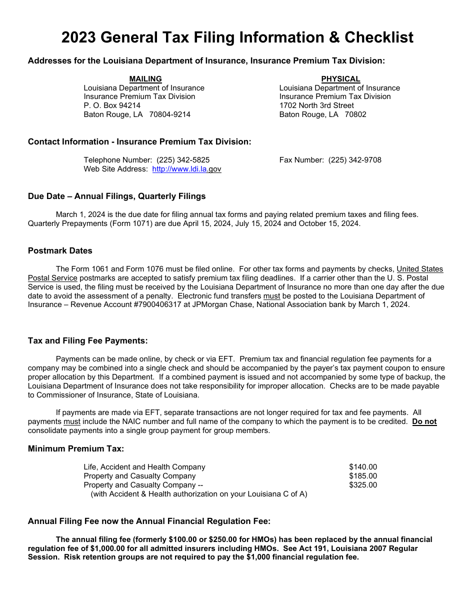 General Tax Filing Information  Checklist - Admitted Premium Tax - Louisiana, Page 1