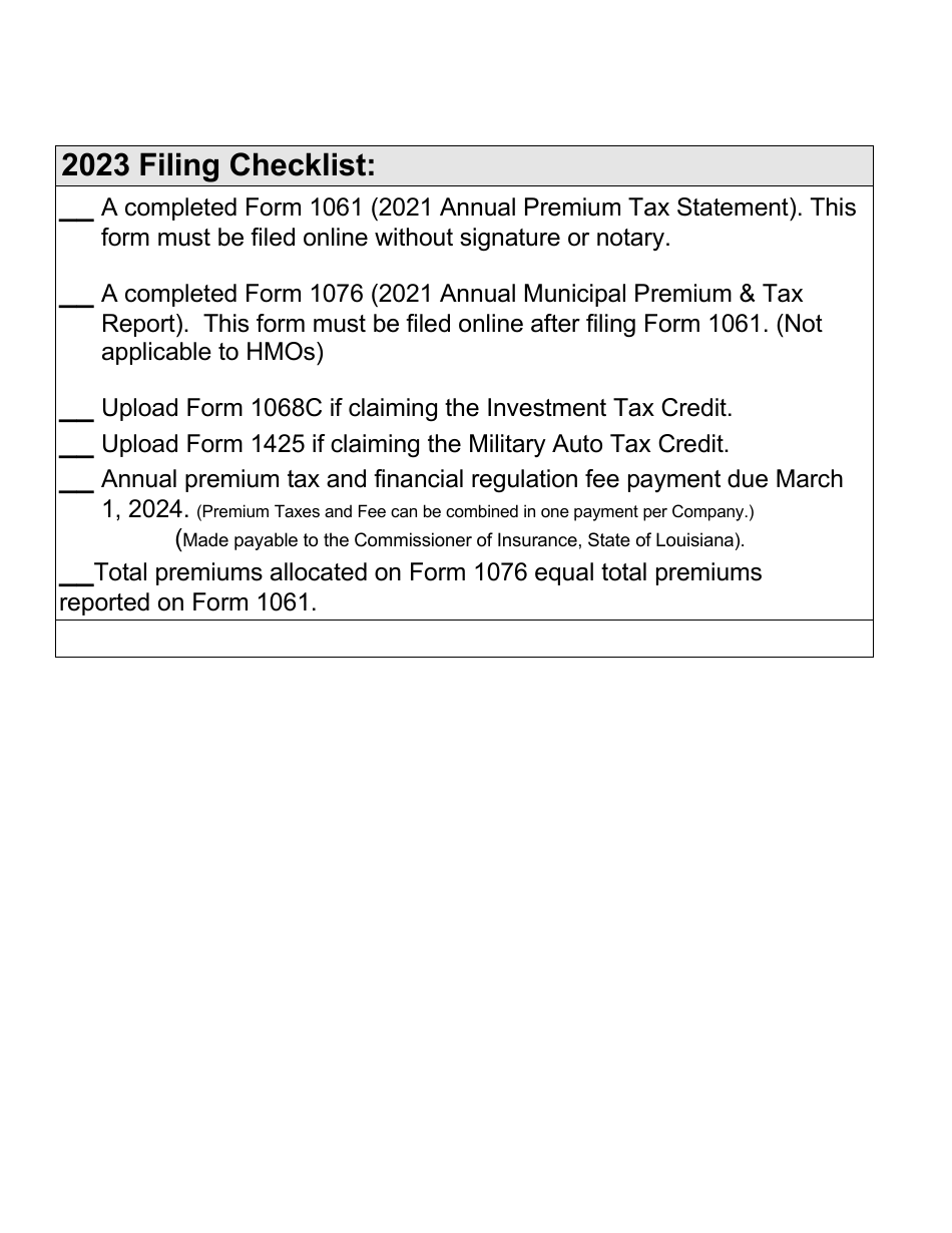 General Tax Filing Information  Checklist - Admitted Premium Tax - Louisiana, Page 2