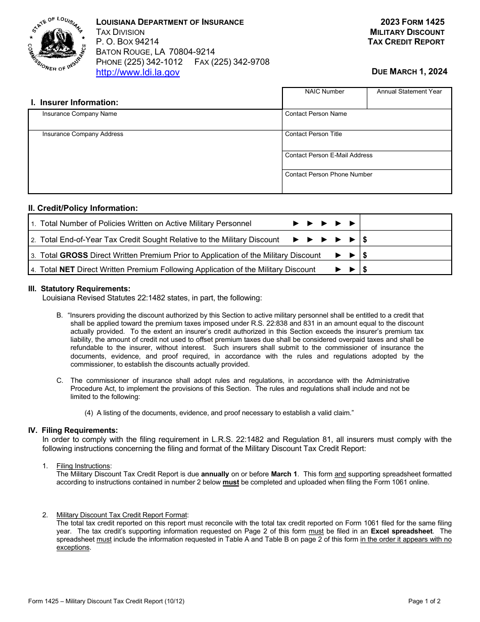 Form 1425 Military Discount Tax Credit Report - Louisiana, Page 1