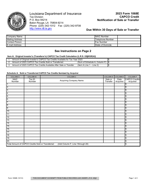 Form 1068E Capco Credit Notification of Sale or Transfer - Louisiana, 2023