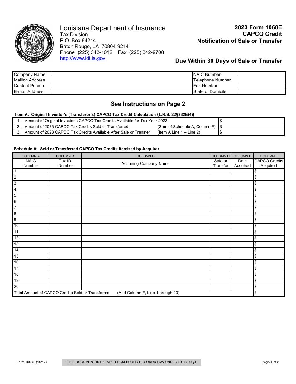 Form 1068E Capco Credit Notification of Sale or Transfer - Louisiana, Page 1