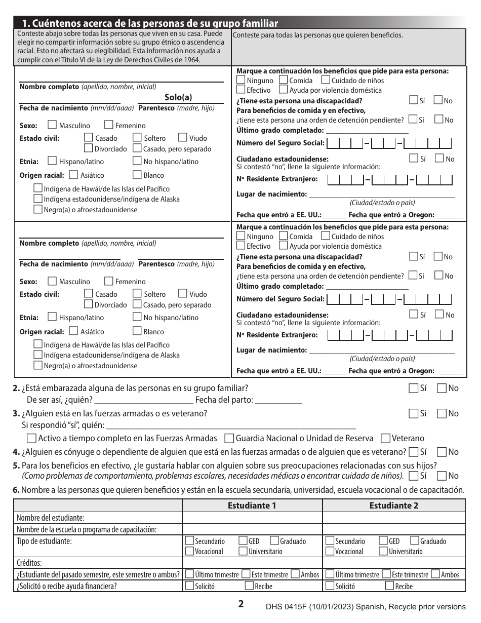 Formulario DHS0415F Solicitud De Servicios - Oregon (Spanish), Page 4
