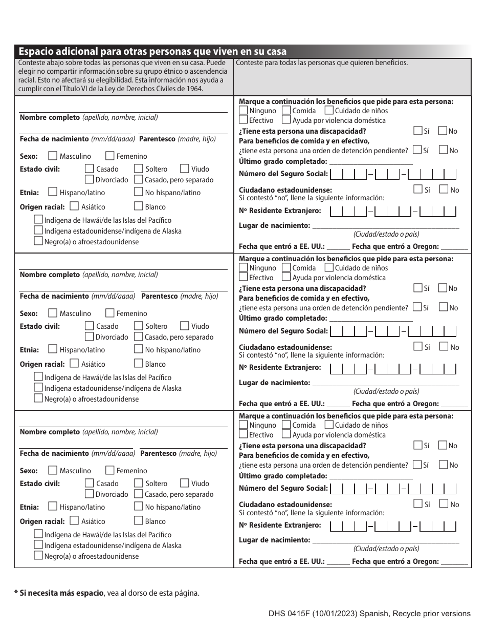 Formulario DHS0415F Solicitud De Servicios - Oregon (Spanish), Page 5
