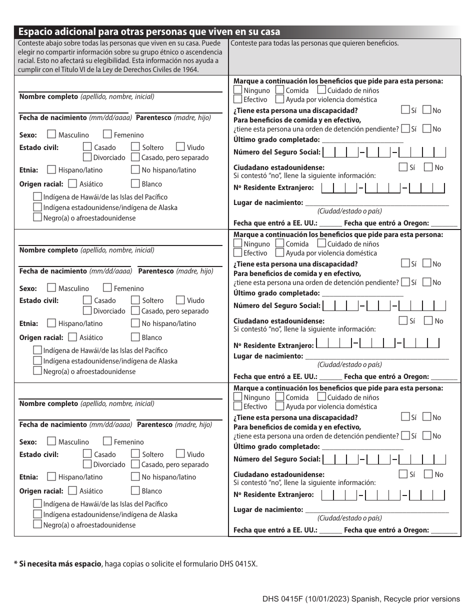 Formulario DHS0415F Solicitud De Servicios - Oregon (Spanish), Page 6