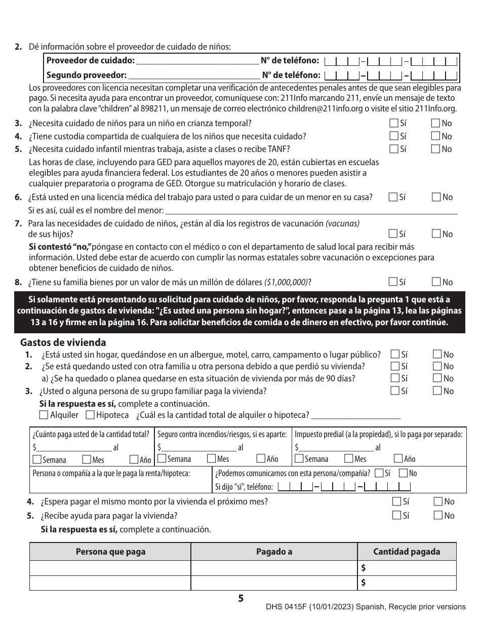 Formulario DHS0415F Solicitud De Servicios - Oregon (Spanish), Page 9