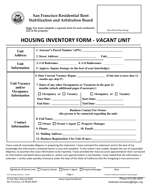 Form 1027 Housing Inventory Form - Vacant Unit - City and County of San Francisco, California