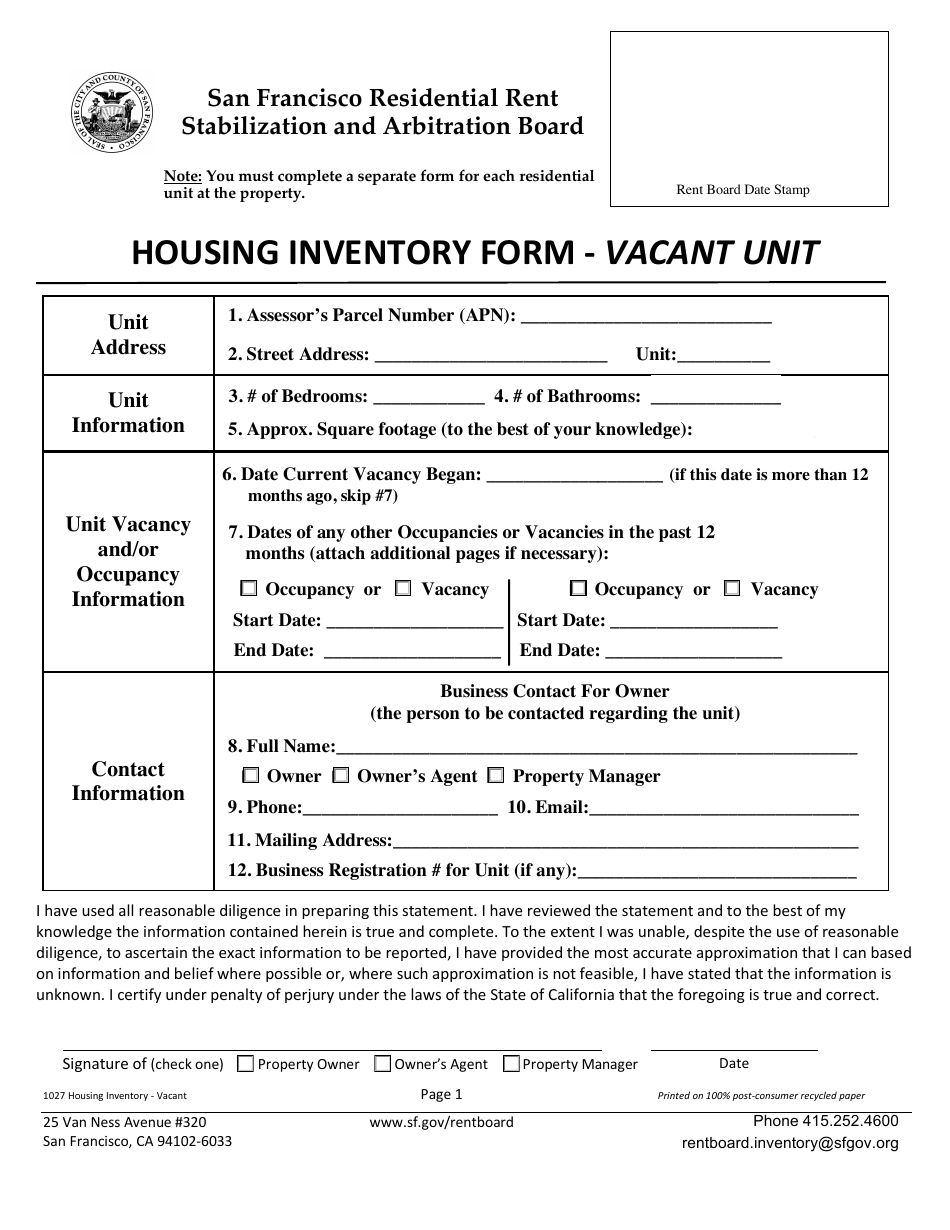 Form 1027 Housing Inventory Form - Vacant Unit - City and County of San Francisco, California, Page 1