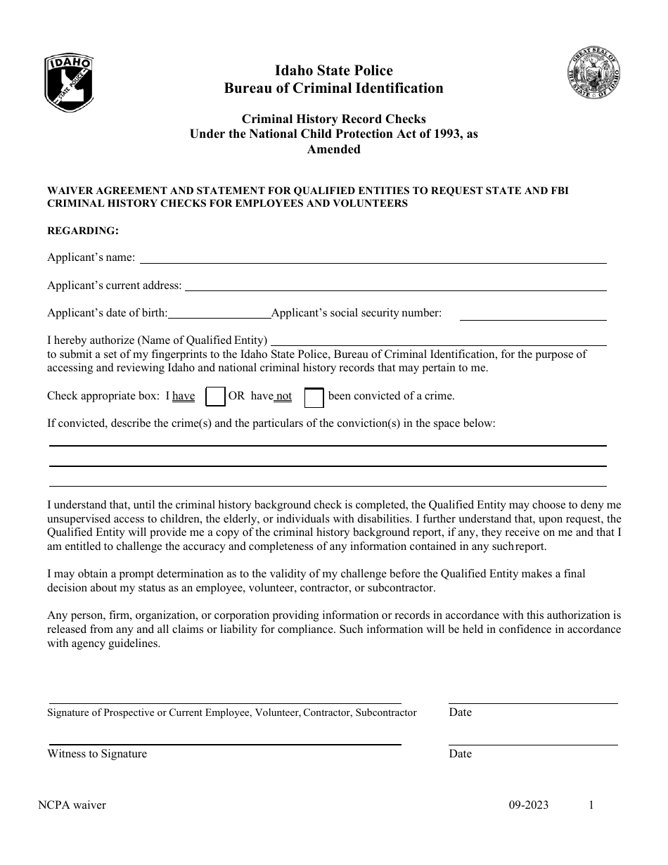 Waiver Agreement and Statement for Qualified Entities to Request State and Fbi Criminal History Checks for Employees and Volunteers - Idaho, Page 1