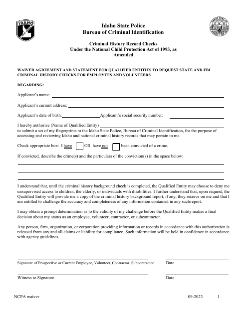 Waiver Agreement and Statement for Qualified Entities to Request State and Fbi Criminal History Checks for Employees and Volunteers - Idaho Download Pdf