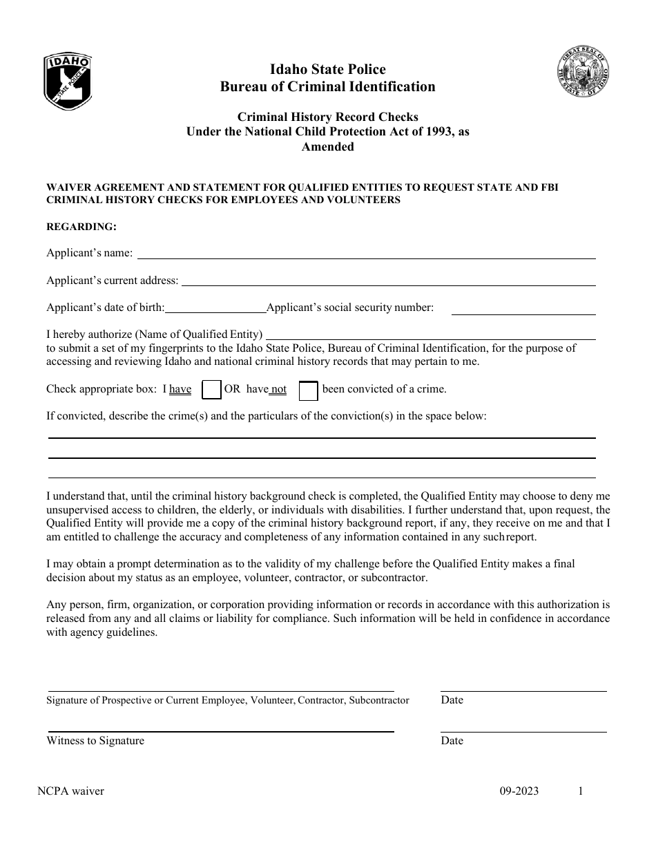 Idaho Waiver Agreement and Statement for Qualified Entities to Request ...