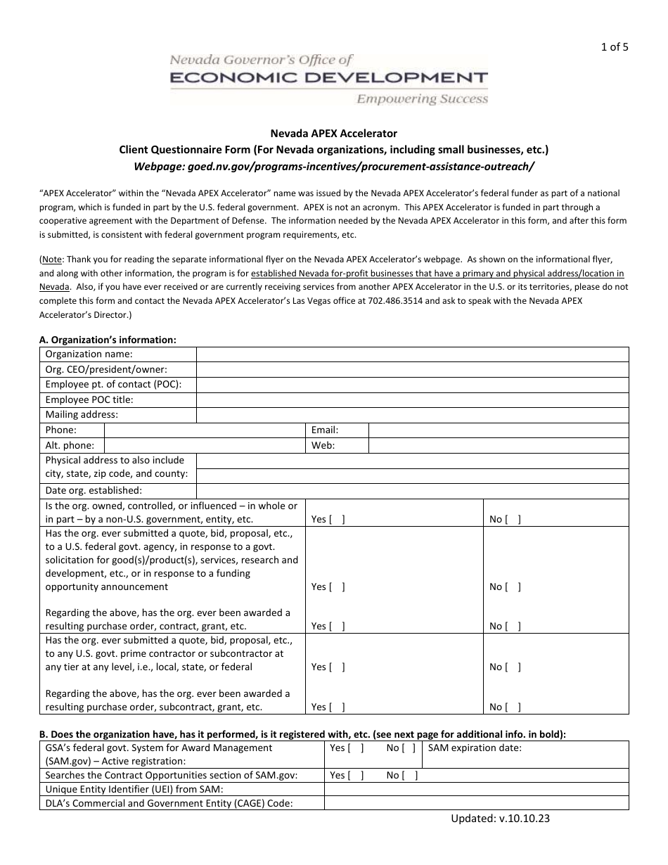 Nevada Apex Accelerator Client Questionnaire Form - Nevada, Page 1
