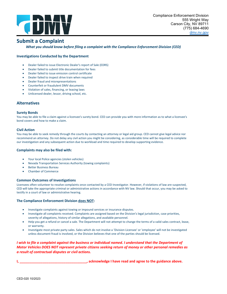 Form CED-020 Compliance Enforcement Complaint - Nevada, Page 1