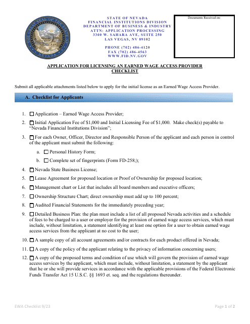 Application for Licensing an Earned Wage Access Provider Checklist - Nevada Download Pdf