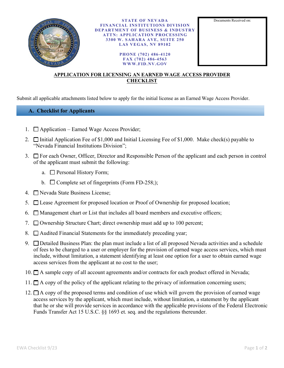 Application for Licensing an Earned Wage Access Provider Checklist - Nevada, Page 1