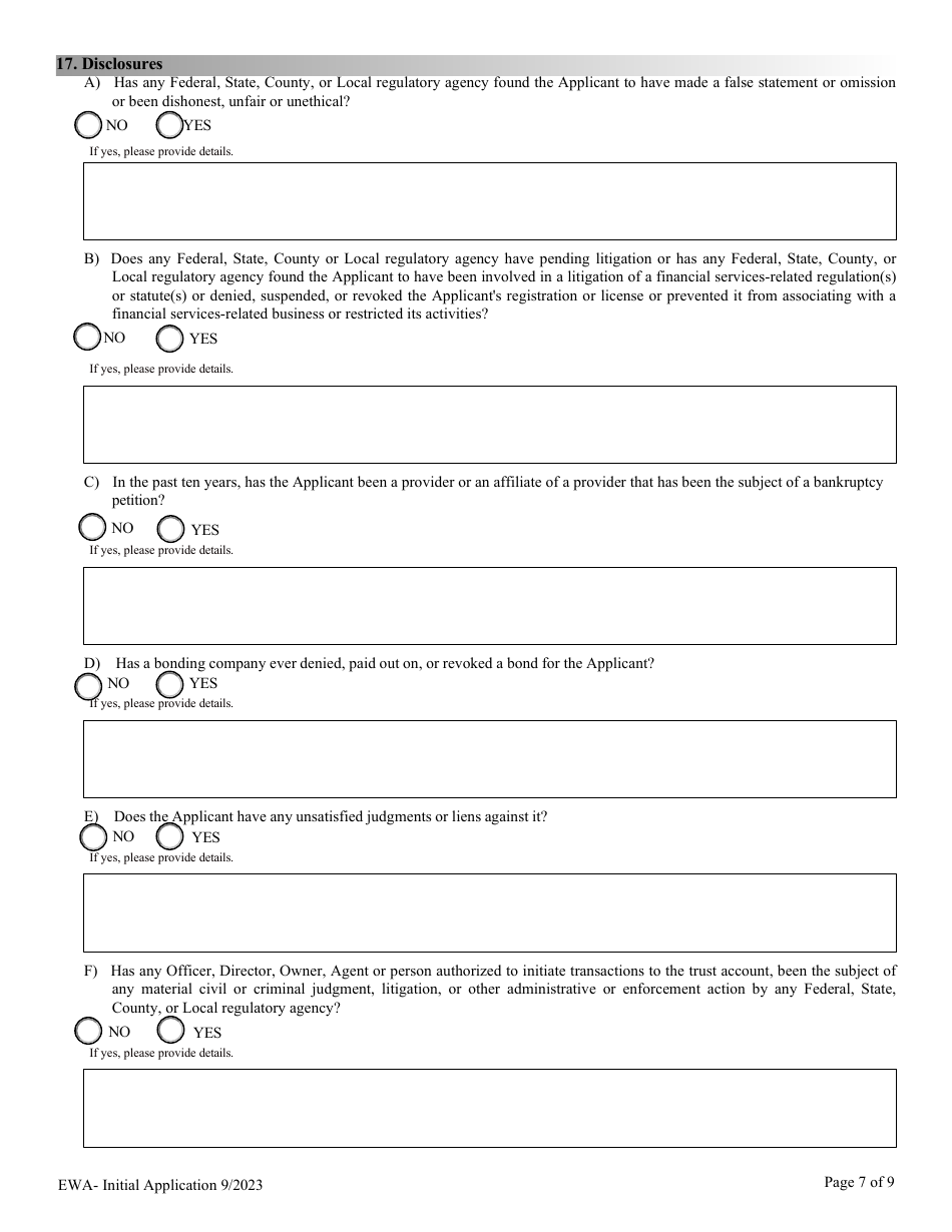 Financial Institutions Application for Licensing / Registration - Earned Wage Access Provider - Nevada, Page 7