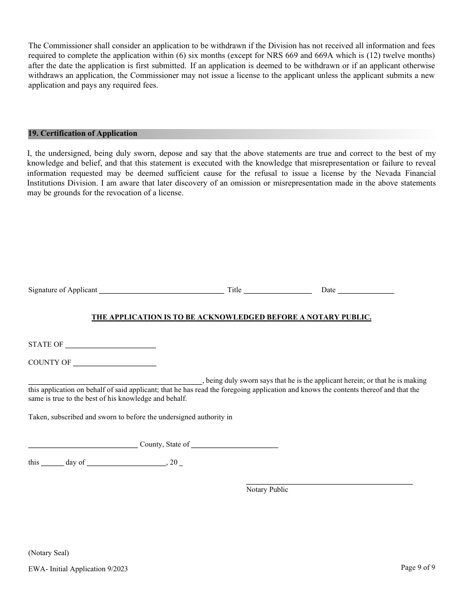Financial Institutions Application for Licensing / Registration - Earned Wage Access Provider - Nevada, Page 9