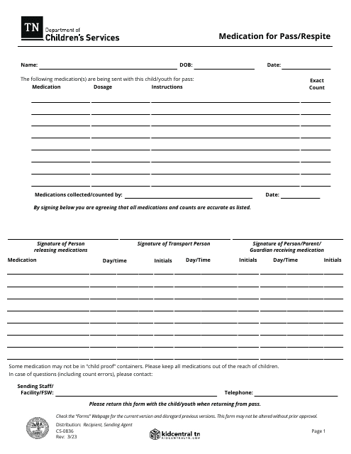 Form CS-0836 Medication for Pass/Respite - Tennessee