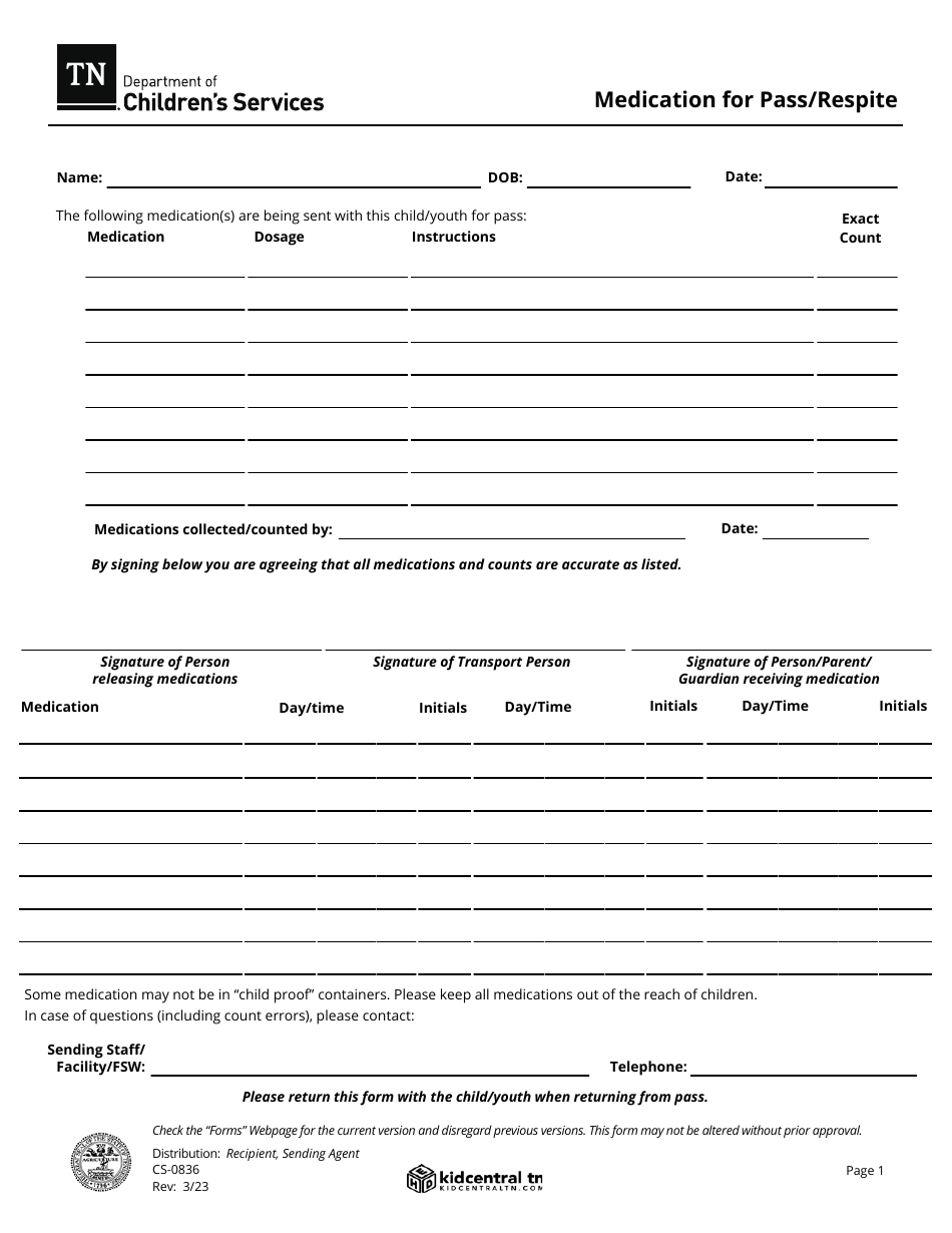 Form CS-0836 Medication for Pass / Respite - Tennessee, Page 1