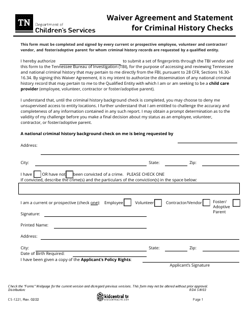 Form CS-1221 Waiver Agreement and Statement for Criminal History Checks - Tennessee