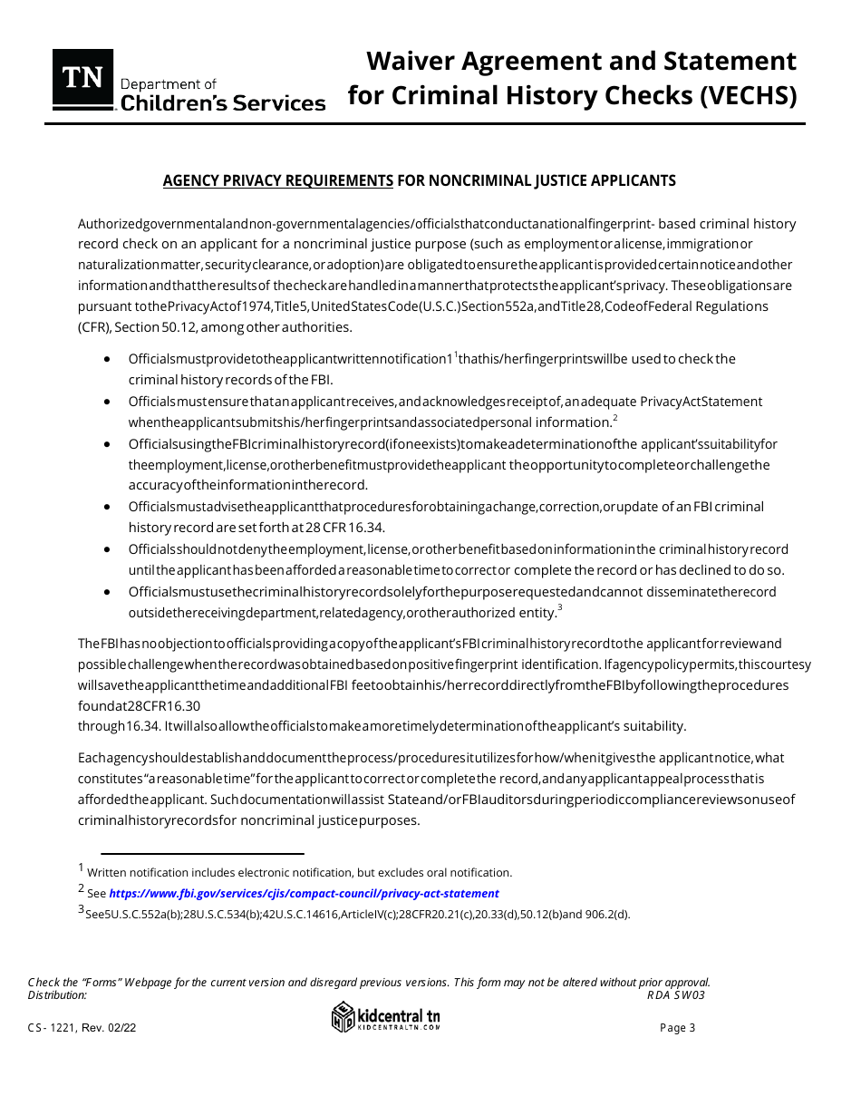 Form CS-1221 Waiver Agreement and Statement for Criminal History Checks - Tennessee, Page 3