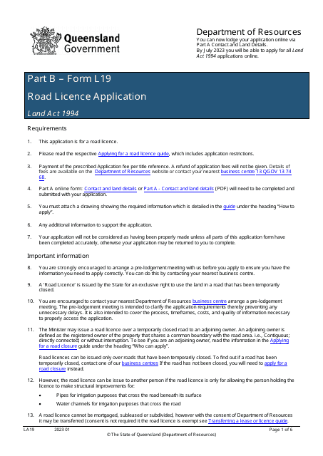 Form LA19 Part B Road Licence Application - Queensland, Australia