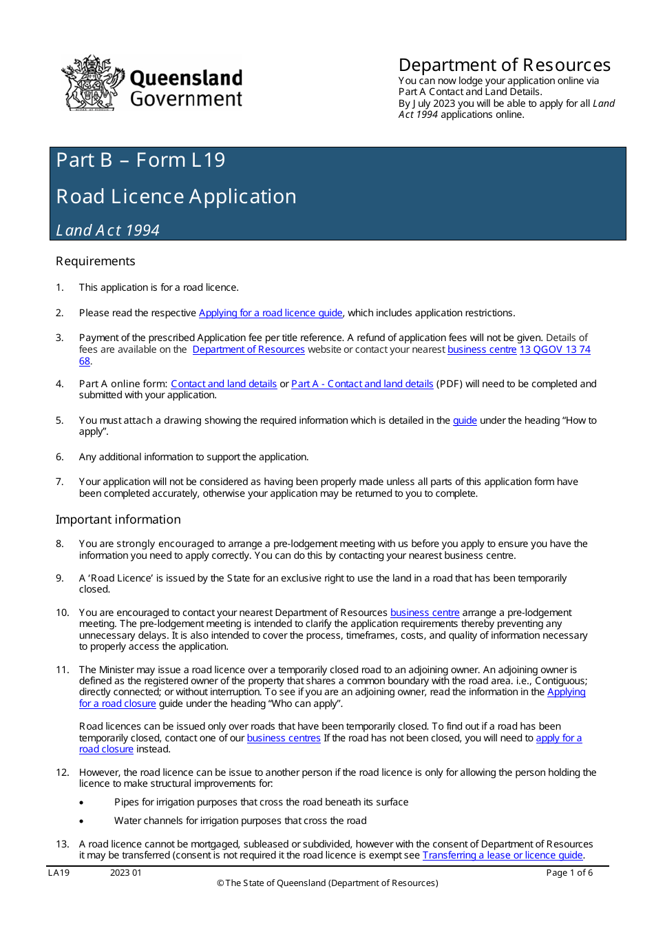 Form LA19 Part B Road Licence Application - Queensland, Australia, Page 1