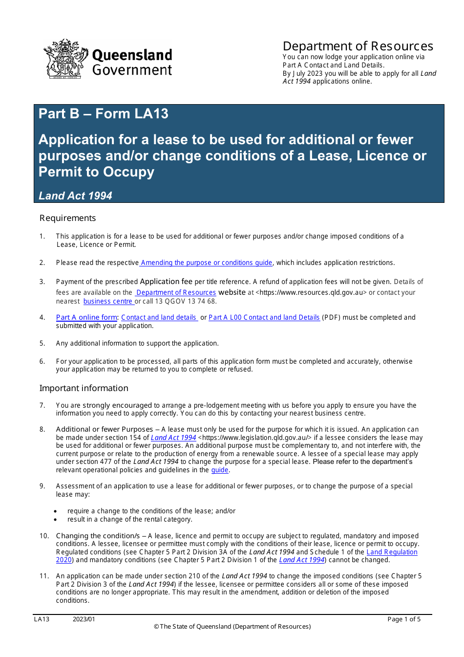 Form LA13 Part B Application for a Lease to Be Used for Additional or Fewer Purposes and / or Change Conditions of a Lease, Licence or Permit to Occupy - Queensland, Australia, Page 1