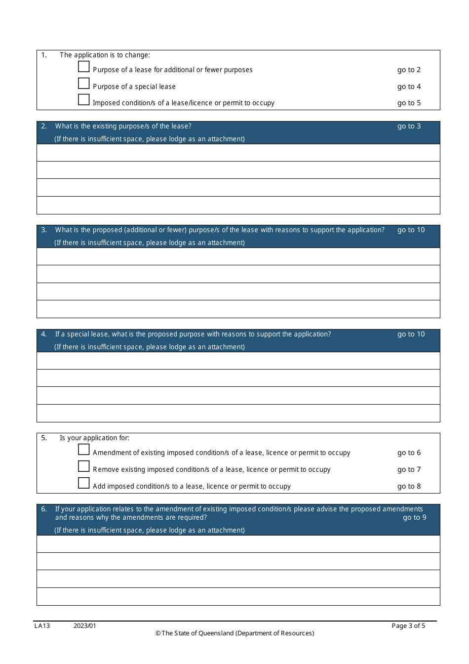 Form LA13 Part B Application for a Lease to Be Used for Additional or Fewer Purposes and / or Change Conditions of a Lease, Licence or Permit to Occupy - Queensland, Australia, Page 3