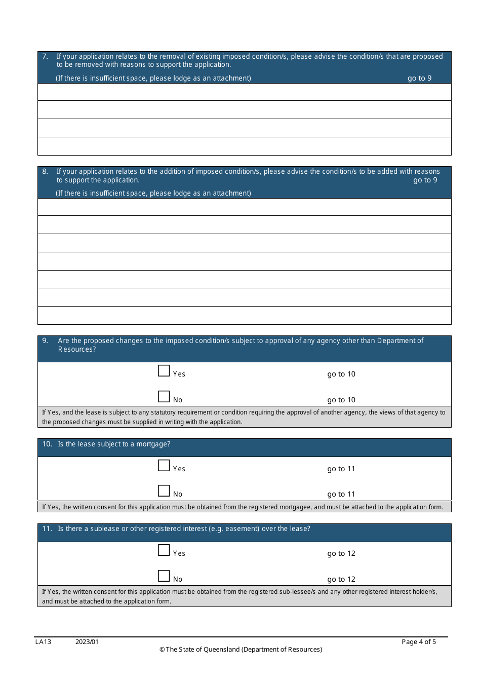 Form LA13 Part B Application for a Lease to Be Used for Additional or Fewer Purposes and / or Change Conditions of a Lease, Licence or Permit to Occupy - Queensland, Australia, Page 4