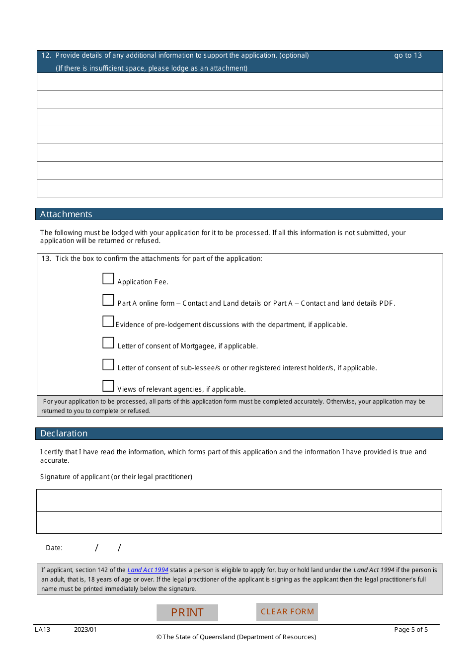 Form LA13 Part B Application for a Lease to Be Used for Additional or Fewer Purposes and / or Change Conditions of a Lease, Licence or Permit to Occupy - Queensland, Australia, Page 5