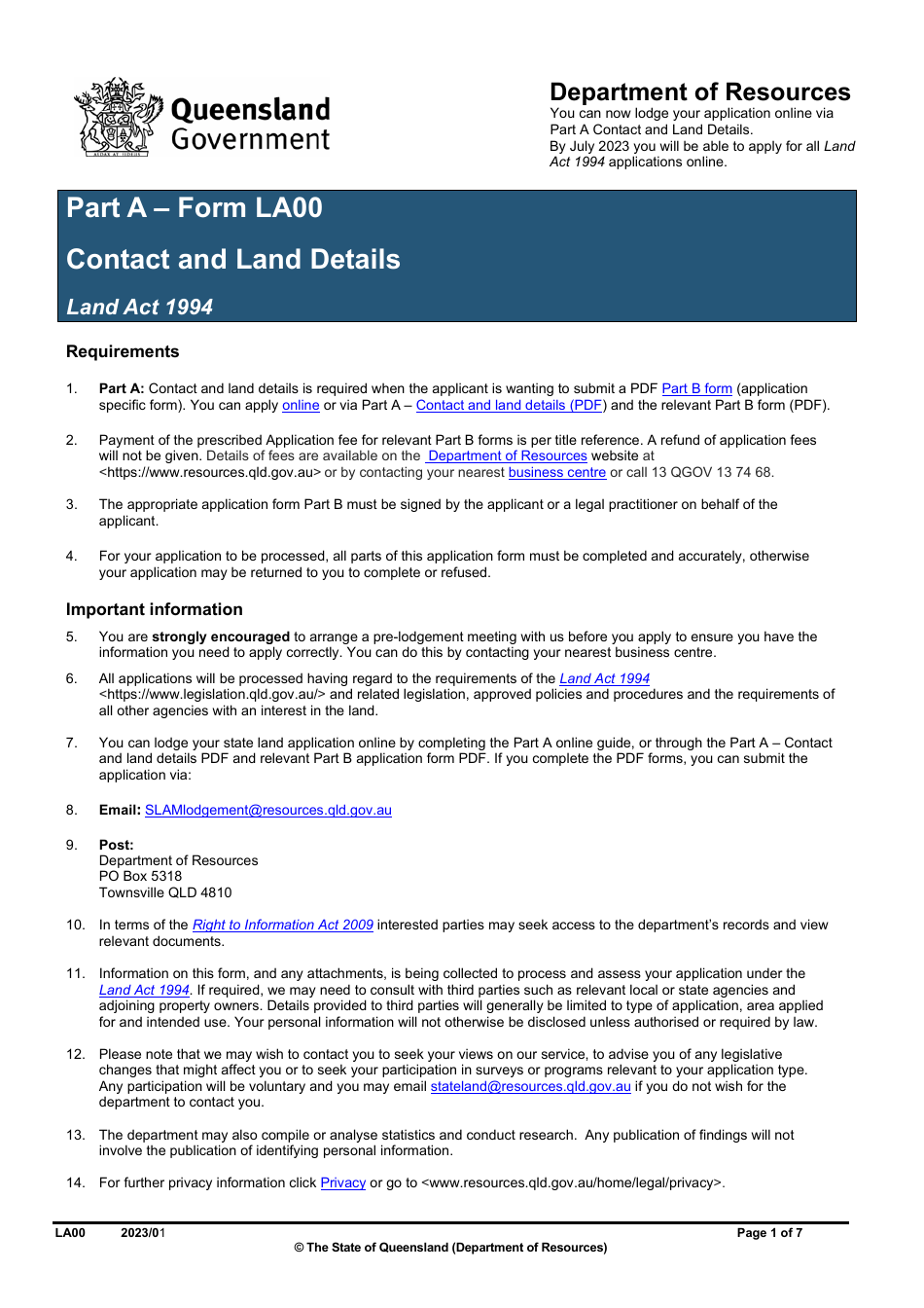 Form LA00 Part A Contact and Land Details - Queensland, Australia, Page 1