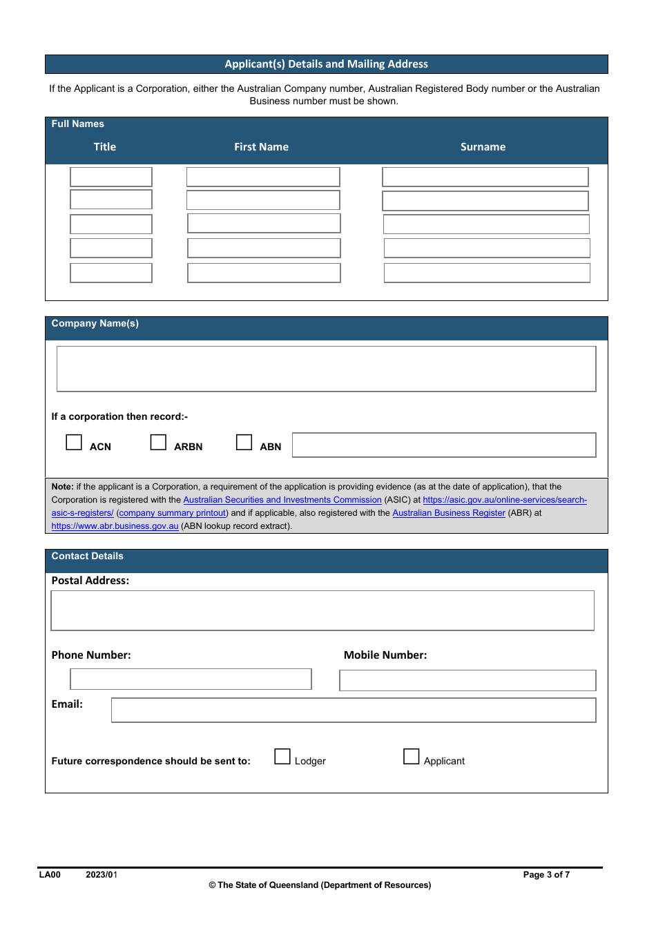Form LA00 Part A Contact and Land Details - Queensland, Australia, Page 3