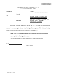 Document preview: Motion to Vacate Fines and Points & Consent to Modify Sentence Without Hearing for Driving While Texting Conviction (4511.204) - Clermont County, Ohio