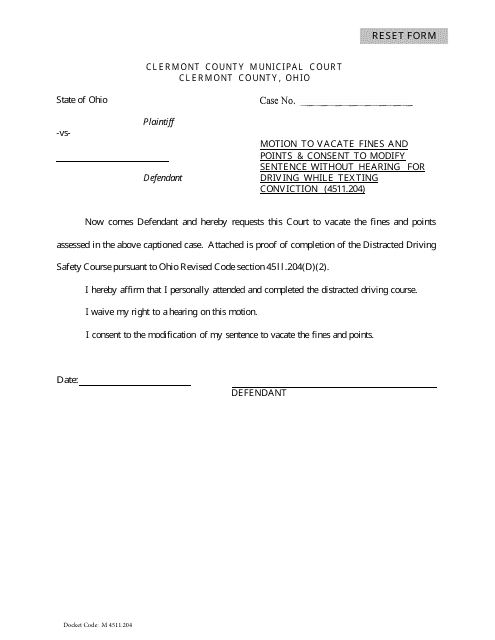 Motion to Vacate Fines and Points & Consent to Modify Sentence Without Hearing for Driving While Texting Conviction (4511.204) - Clermont County, Ohio