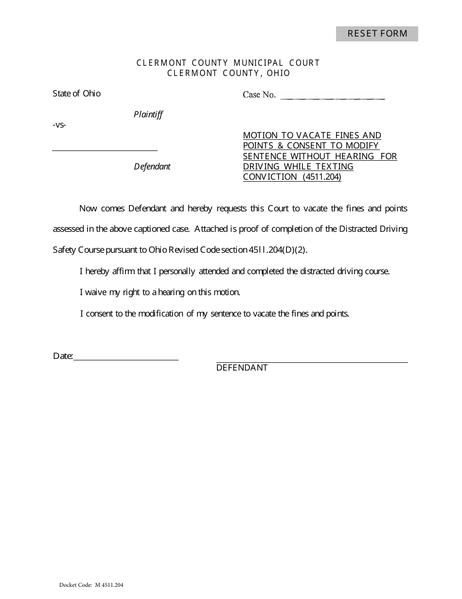 Motion to Vacate Fines and Points  Consent to Modify Sentence Without Hearing for Driving While Texting Conviction (4511.204) - Clermont County, Ohio, Page 1