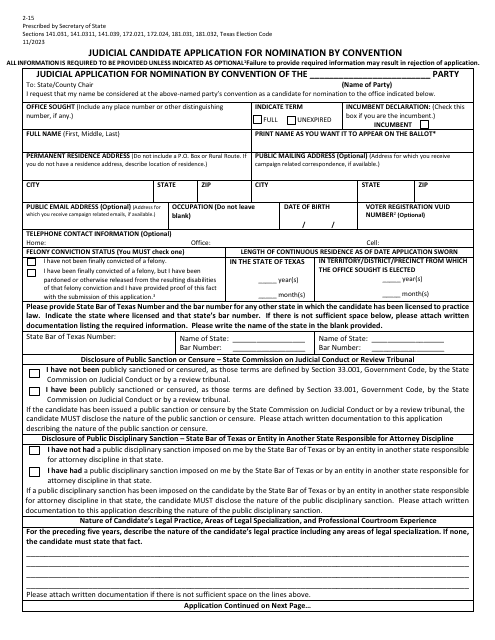 Form 2-15 Judicial Candidate Application for Nomination by Convention - Texas (English/Spanish)