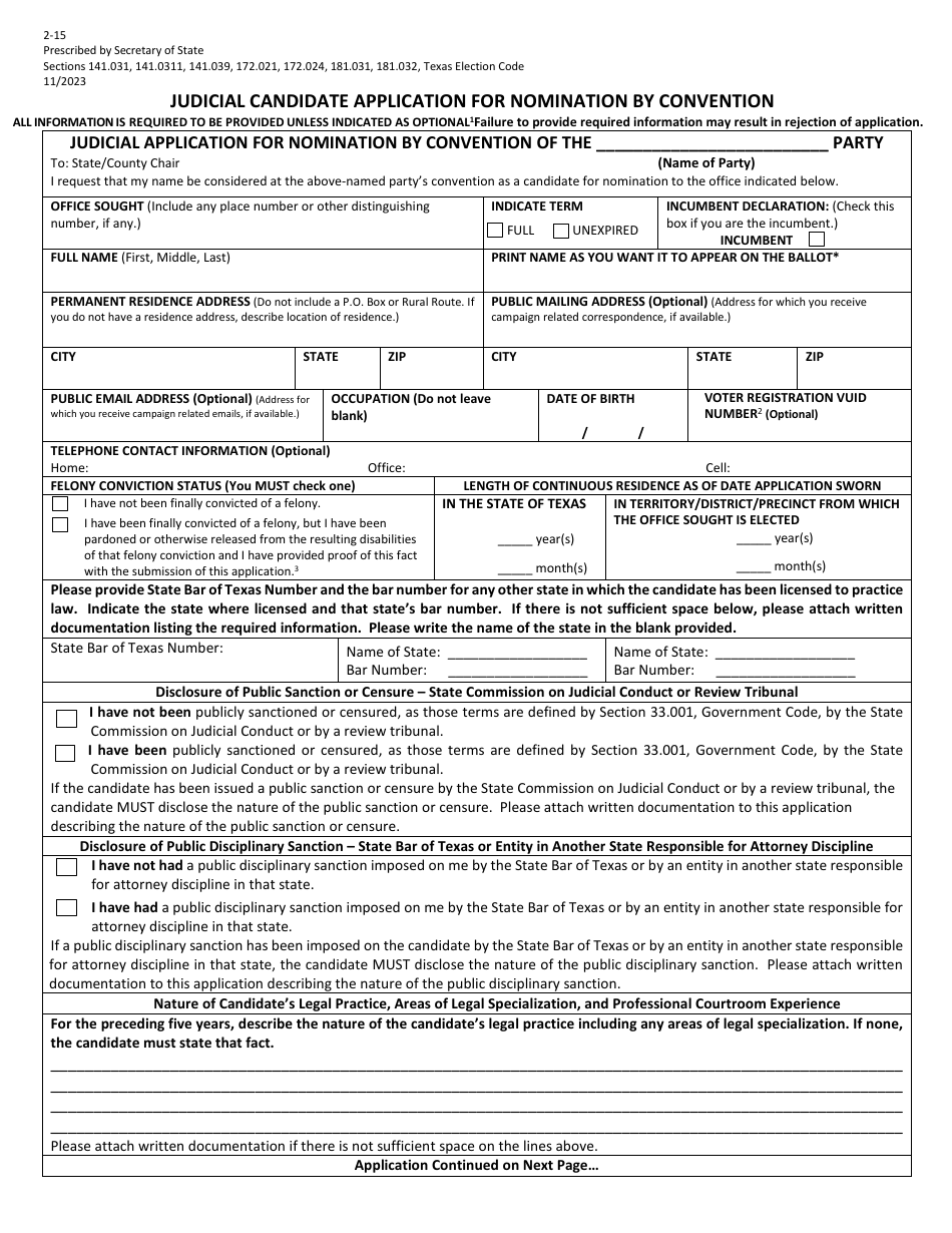 Form 2-15 Judicial Candidate Application for Nomination by Convention - Texas (English / Spanish), Page 1